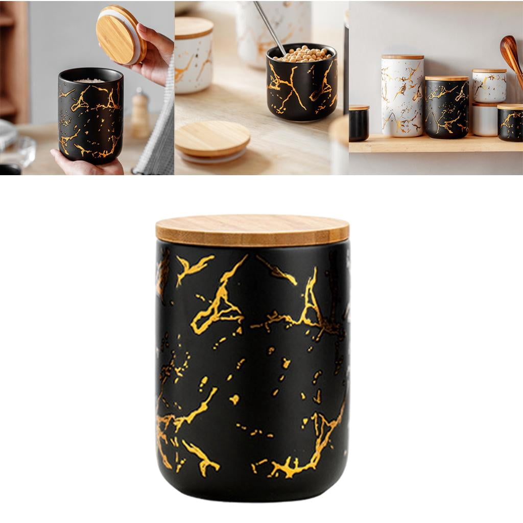 Fiocias Ceramic Sugar Bowl Canister Jars Condiment Airtight Lids Food Storage Containers Black M