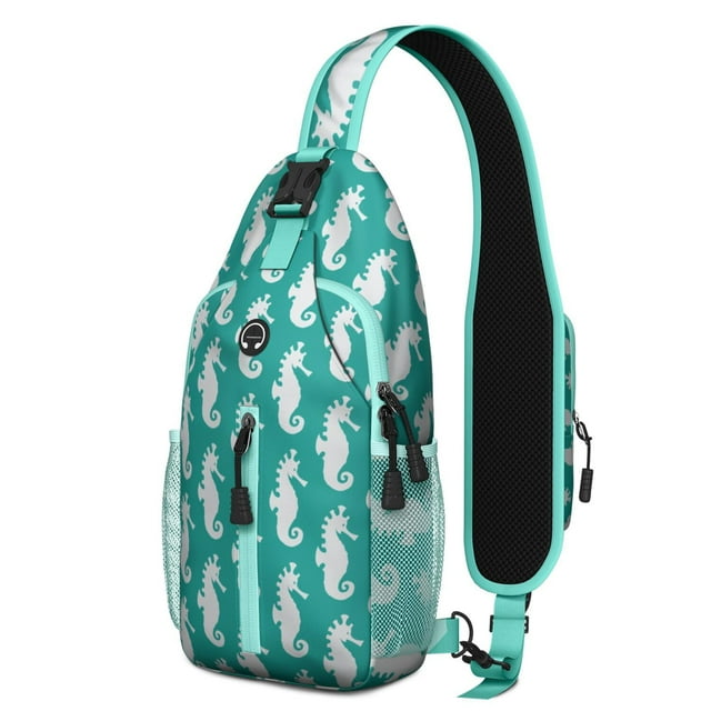 Seahorse Tropical Nautical Sling Backpack with Cute Cartoon Coastal Design, Lightweight Crossbody Daypack with Adjustable Strap and Multiple Compartments for Beach and Outdoor Use