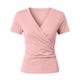 thumbnail image 6 of Karymi Going Out Tops Solid Wrap Cross V Neck Ruched Short Sleeve T-Shirt, Slim Fitted Twisted Surplice Pullover Top, Stretch Casual Tee Womens Workout Tops, 6 of 6