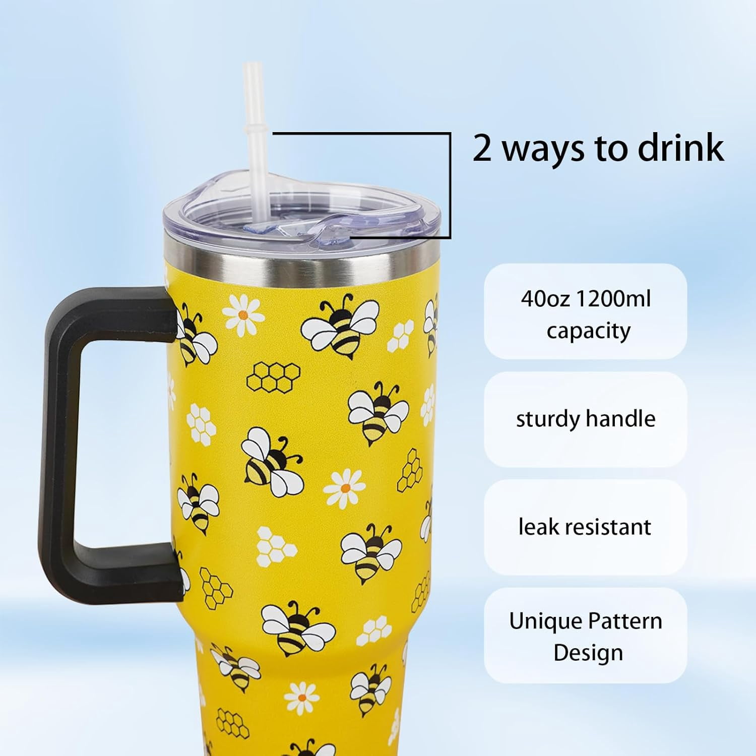 Bee 40 Oz Tumbler With Handle and Straw - Yellow Cup Water Bottle Drinking Glass, Gifts for Women Girls Bee Lovers, Accessories Stuff for Christmas Birthday