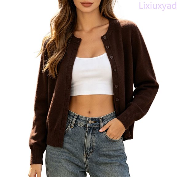 Lixiuxyad Womens Open Front Cardigan Sweaters,Button Down Crew Neck Sweater Knit Cardigan ,Brown
