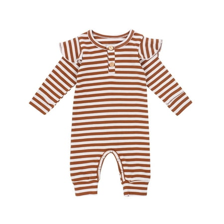 

Pudcoco Baby Ribbed Stripe Romper Long Sleeve Round Neck Ruffle Jumpsuit