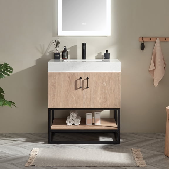Alistair 30" Single Vanity in North American Oak with White Grain Stone Top