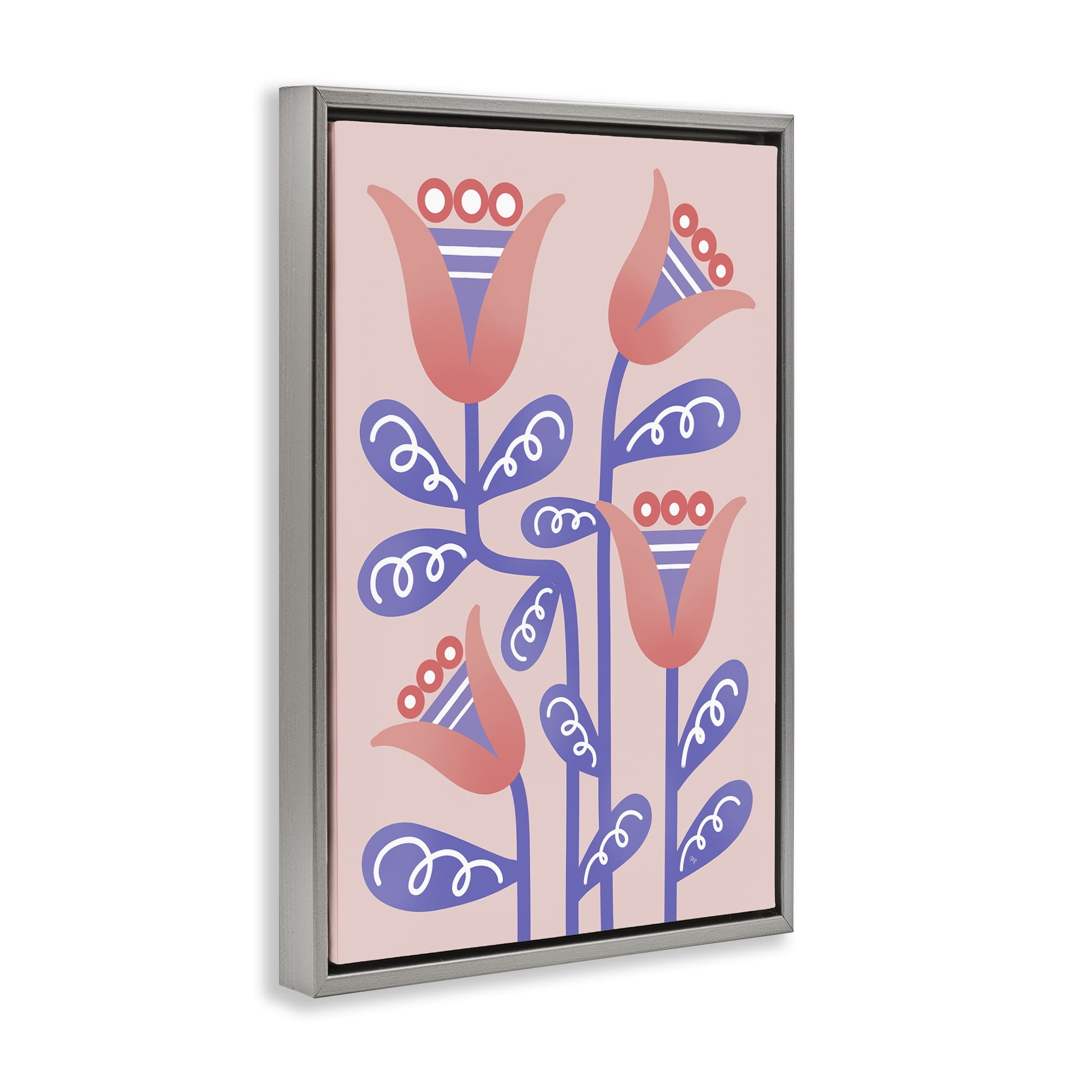 Stupell Industries Tulip Flowers Pink Deco Floral & Botanical Painting Gray Floater Framed Canvas Art Print Wall Art, 21 x 31