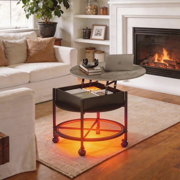 Ktaxon Mid-Century Coffe Table with Lift Top, 26.7" Round Coffee Table with Storage and Rolling Wheels, Modern Center Table for Small Spaces, Retro Gray