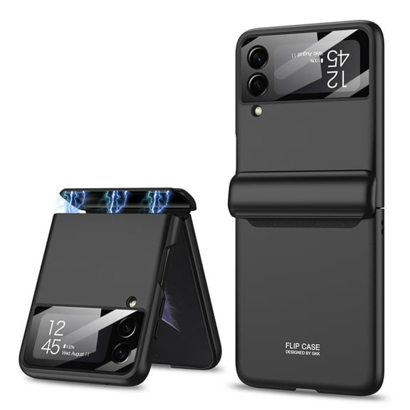 Dteck for Samsung Galaxy Z Flip 3 Case Hinge Protection Cover Silm PC Magnetic Hinge All-Inclusive Glass Camera Lens Protector Case For Samsung Galaxy Z Flip3 5G,Black