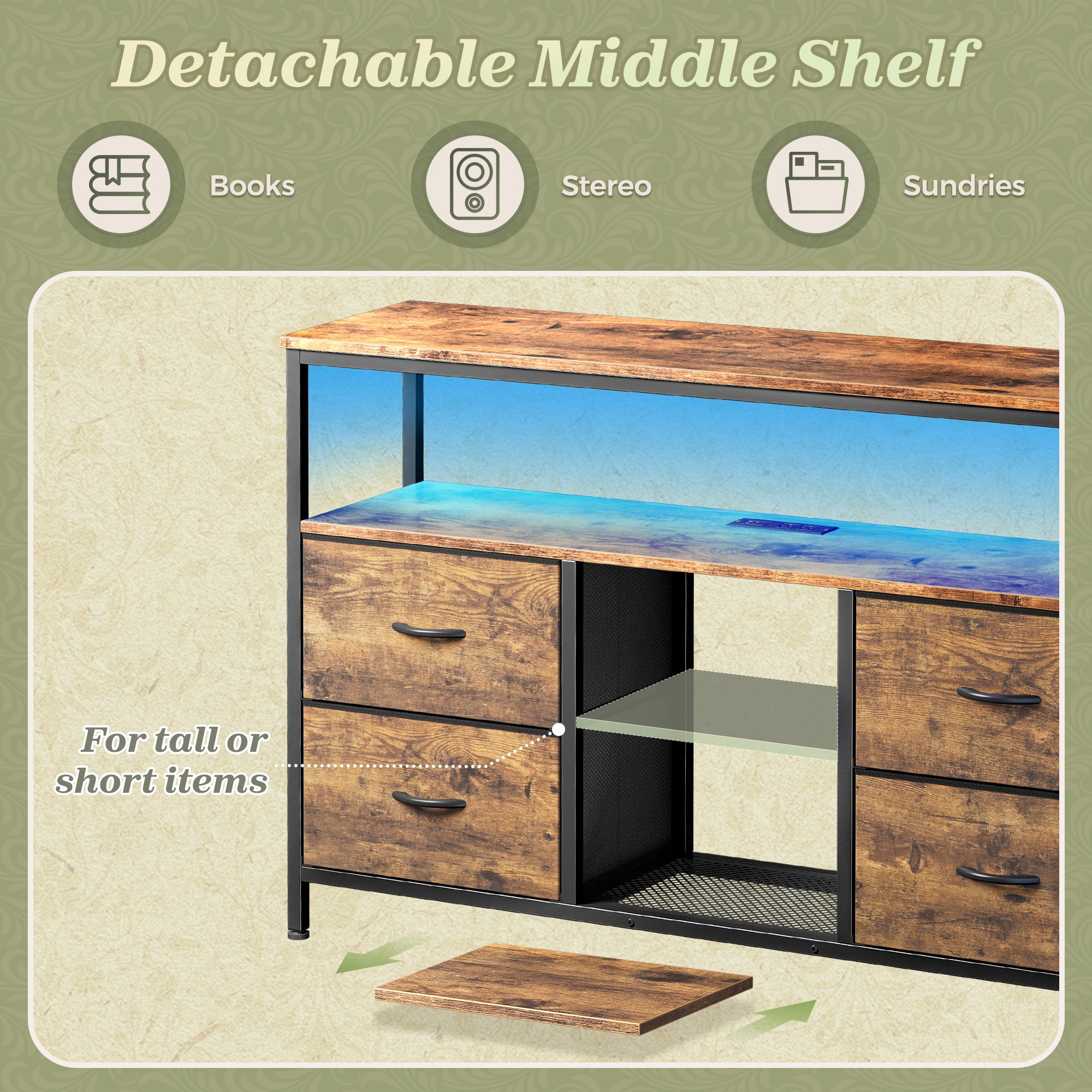 Amadwell TV Stand with Power Outlets & LED Lights, 4 Drawer Dresser Entertainment Center, Media Console with Open Shelf