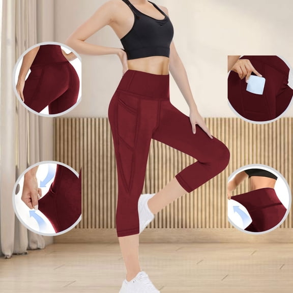 LEKWK Womens Capri Leggings High Waist Tummy Control Side Pockets Yoga Pants Pockets Soft Stretchy Running Leggings Workout Fitness Athletic Pants