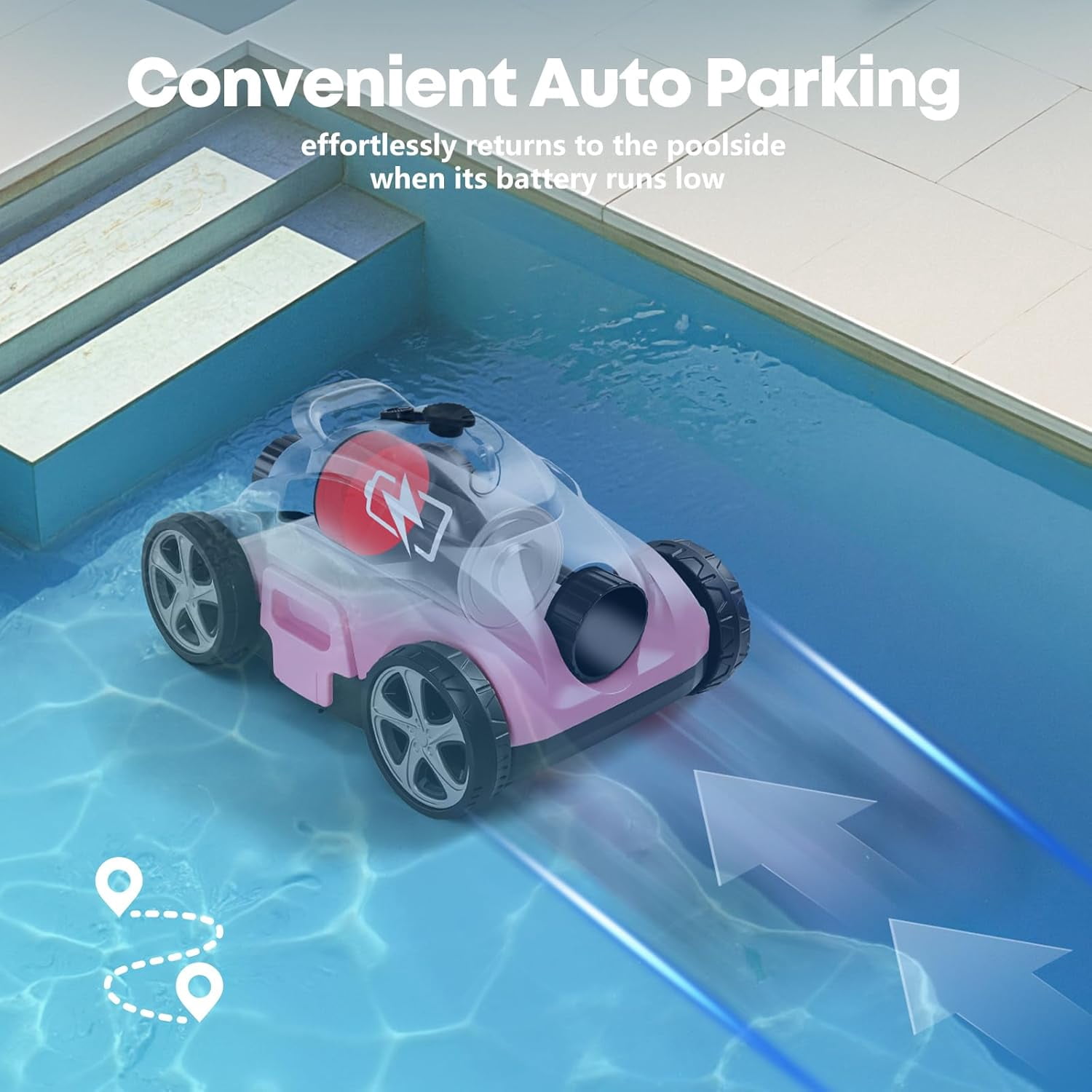 Cyanith MF-PC01 Cordless Robotic Pool Cleaner, 110-Min Runtime, Self-Parking, Adjustable Nozzles, for Above-Ground and Flat-Bottom Inground Pools up to 1026 Sq Ft,pink