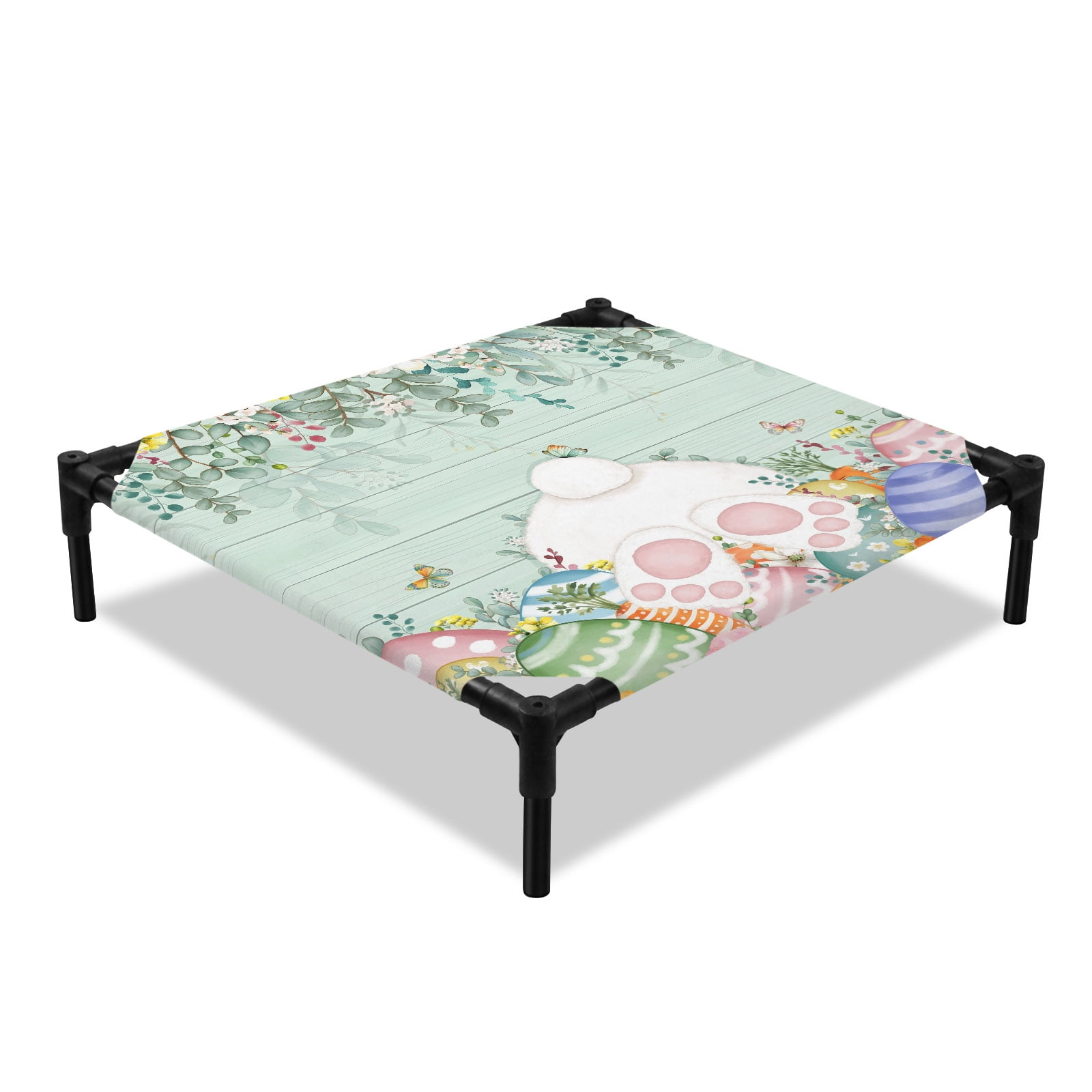 Easter Bunny Tail Elevated Dog Bed Spring Colored Eggs Floral Leaf Teal Wood Grain Cooling Breathable Outdoor Raised Dog Cot Bed with Metal Frame Non-Slip Feet for Small Dog 20x20in