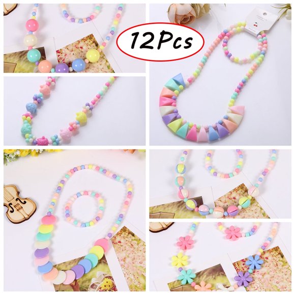 YOPTOP 12 Pcs Jewelry Princess Necklace Bracelet Set Girls Play Jewelry Costume Kit Necklace Bracelet for Toddler Kids Play Dress Up for 3 4 5 6 7 8 9 10 Year Old Girls/Toddlers/Kids