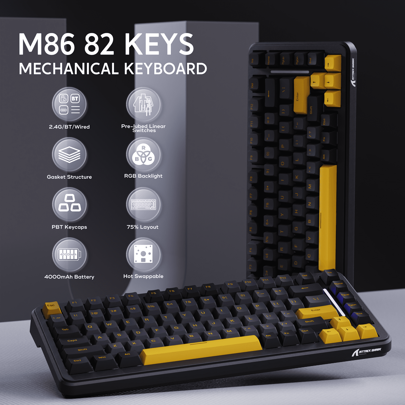 ATTACK SHARK M86 82 Keys Wireless Mechanical Keyboard, 75% Gasket Hot Swappable Custom Keyboard, Side Printed PBT Keycaps, RGB Backlit, Pre-lubed Switches, BT/2.4GHz/ Wired Mechanical Gaming Keyboard