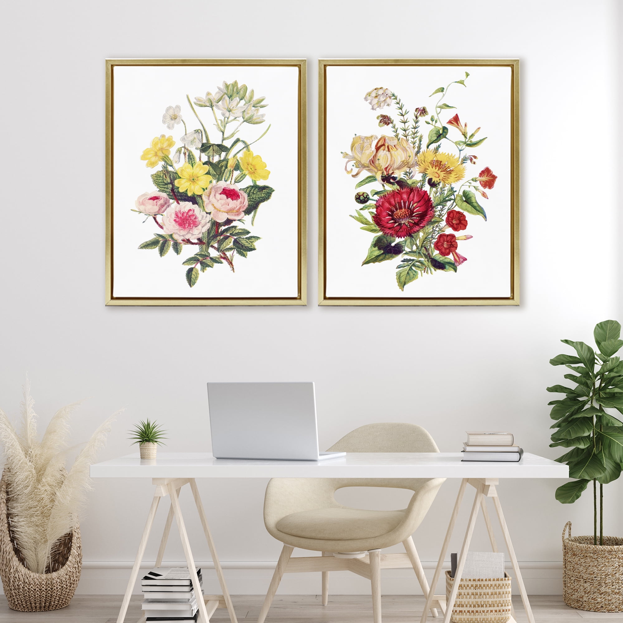 Mixed Flower Bushels 2 Piece Gold Framed Floater Canvas Set, design by Lettered and Lined
