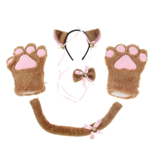 Sonducket Gato Cosplay Set Guantes de felpa Gatito Oreja Cola Collar Patas Fiesta Disfraz Marrón Disfraces de disfraces
