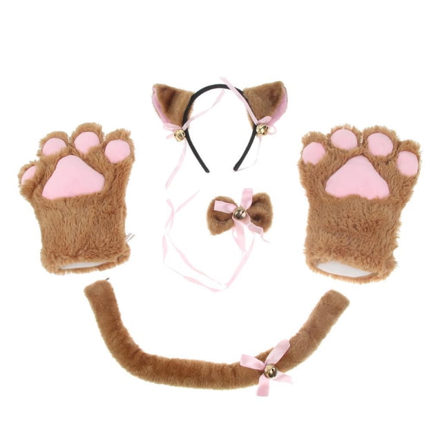 Sonducket Gato Cosplay Set Guantes de felpa Gatito Oreja Cola Collar Patas Fiesta Disfraz Marrón Disfraces de disfraces