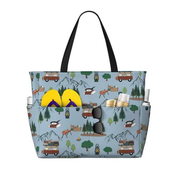 Pofeuu Camping Caravan Print Beach Bag,Waterproof Sandproof Beach Tote Bag, Large Capacity Foldable Beach Bags for Women