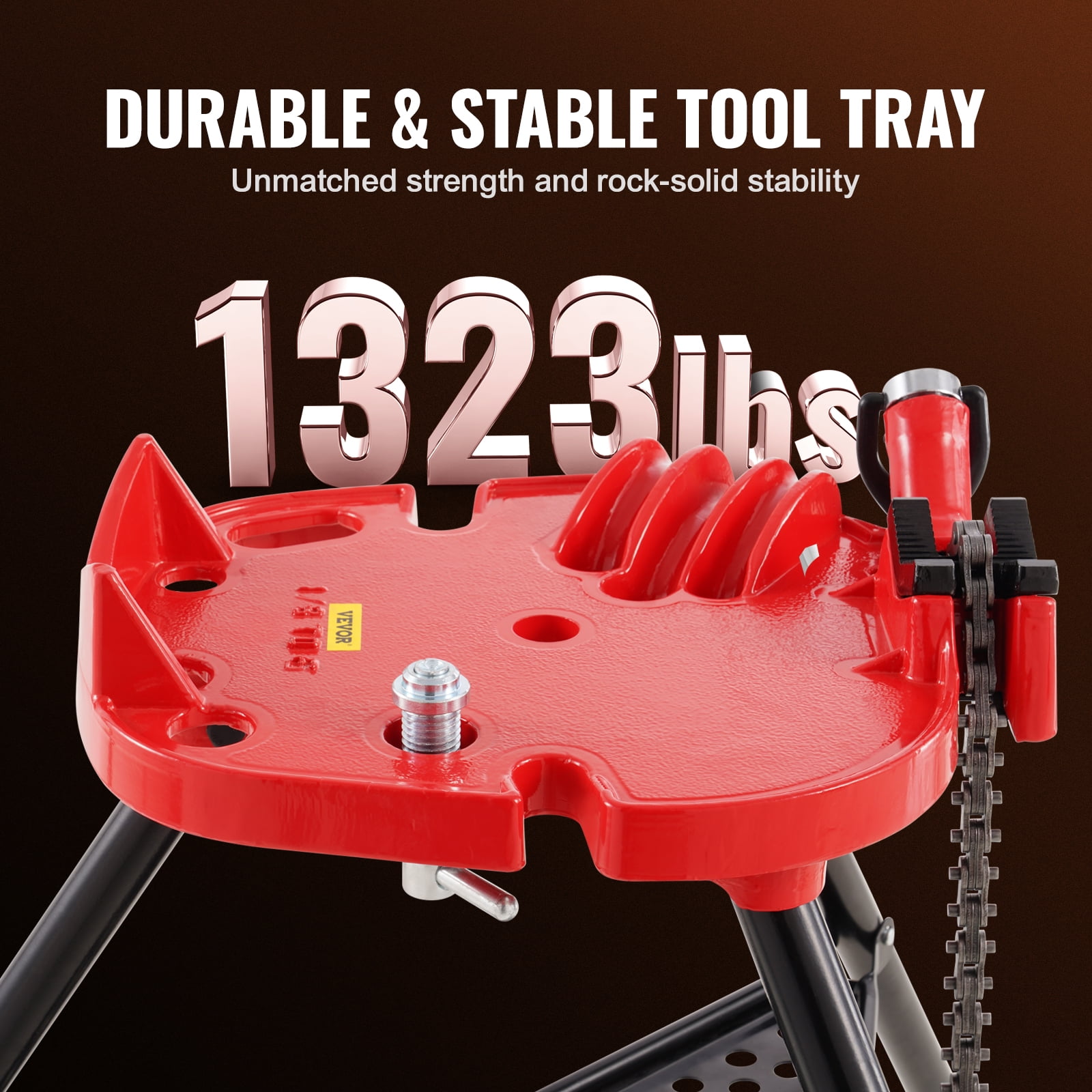 KFFKFF 460-6 Tripod Pipe Chain Clamp with 1/8"-6" Range, Portable Folding Steel Legs, Pipe Support Stands Including Tool Tray, Perfect for Various Pipe Substances