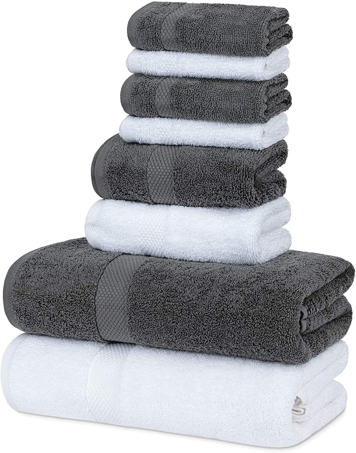 White Classic Luxury Light Grey Bath Towel Set - Combed Cotton Hotel  Quality Absorbent 8 Piece Towels | 2 Bath Towels | 2 Hand Towels | 4  Washcloths