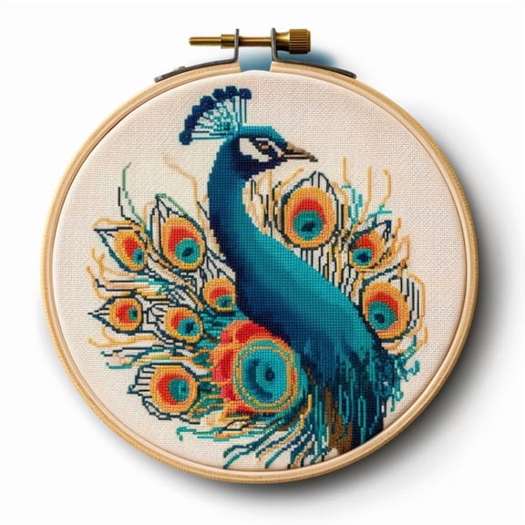 Stamped Cross Stitch Kits with Hoop for Starter Kits Peacock DIY 11CT Pre-printed Patterns Needlepoint Embroidery Needlework Kit for Home Decor 38x38cm (212)
