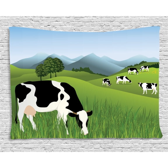 Cattle Tapestry, Agriculture Theme Landscape with Misty Mountain Background and Cows Eating Grass, Wall Hanging for Bedroom Living Room Dorm Decor, 80W X 60L Inches, Multicolor, by Ambesonne