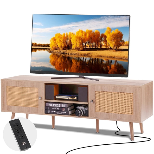 Soporte de TV VEVOR Rattan Mid Century Modern para TV de 65 pulgadas, roble