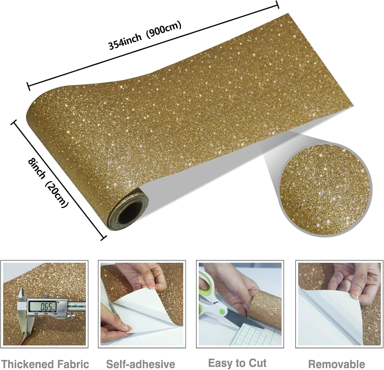 Champagne Gold Glitter Wallpaper Border Peel and Stick Wall Border Sparkle Glitter Contact Paper Gold Fabric Wallpaper Self Adhesive Removable Decorative Wall Border for Bedroom Decor 8"x354"