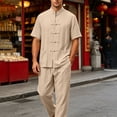 thumbnail image 6 of Men's Cotton Linen Kung Fu Uniform 2 Piece Set Loose Fit Breathable Lightweight Tai Chi Clothing for Training and Practice Short Sleeved Shirt Tops and Pants Size 5XL Khaki, 6 of 9