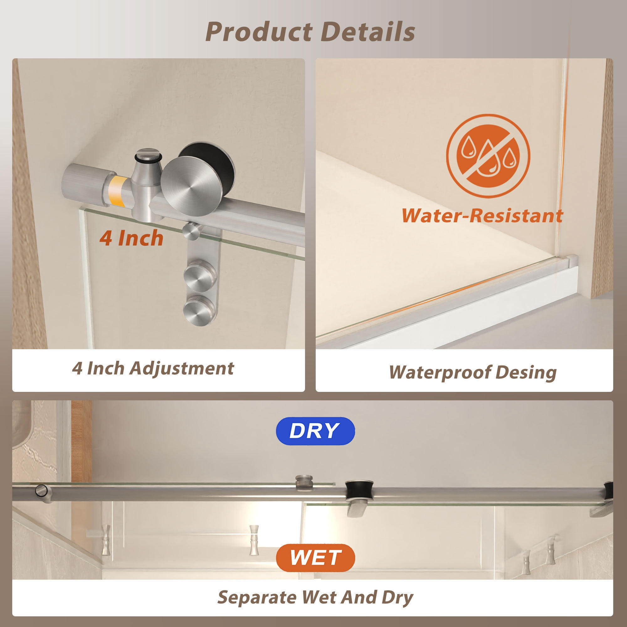 Leumius 44-48" x 76" H Frameless Sliding Shower Door,5/16" Clear Tempered Glass Sliding Shower Door,Stainless Steel Frame,Brushed Nickel
