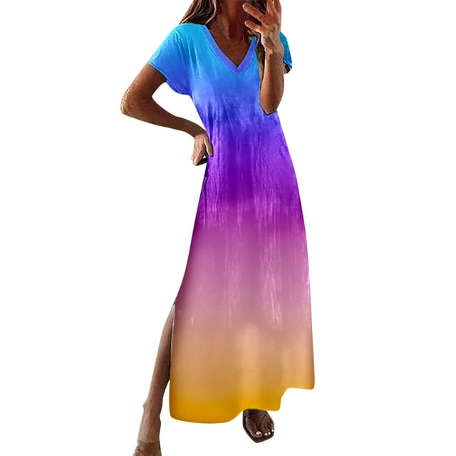 Gibobby Vestido largo de playa de verano para mujer Vestido de manga corta con cuello en V regular a la moda informal para mujer, vestido informal con abertura larga a(Morado,XL)