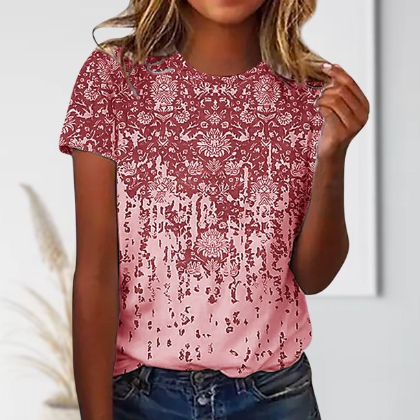 Camisetas De Manga Corta Camiseta informal para mujer, cuello redondo, retro, floral, elegante, de moda, uso diario (rojo M) Cgtredaw para Mujer Rojo T XL