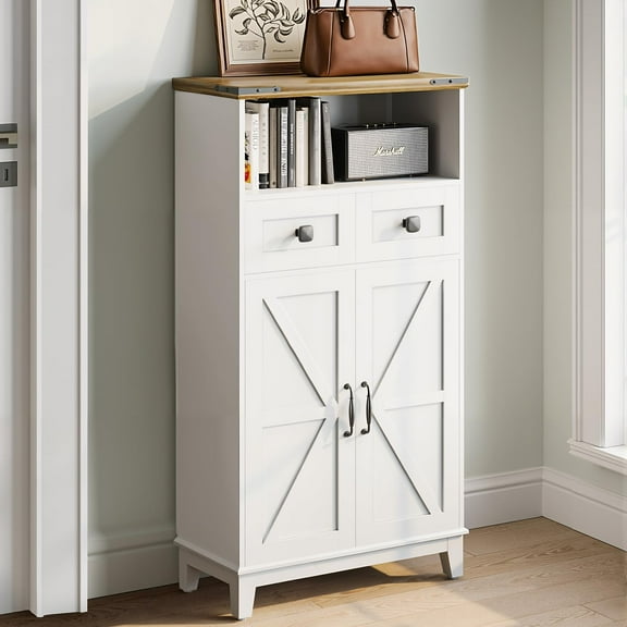 Heightened Storage Cabinet with Drawers and Adjustable Shelf, Freestanding Farmhouse Floor Cabinet with Doors, Kitchen Pantry Hutch Cupboard for Hallway Living Room Bathroom Small Space, White
