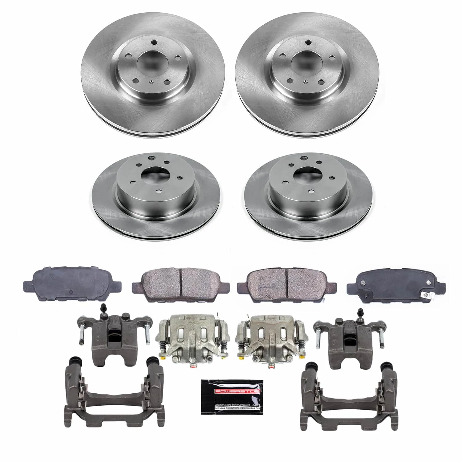PowerStop Front and Rear Stock Replacement Brake Pad and Rotor Kit with Calipers Fits: INFINITI NISSAN Select Models KCOE9065