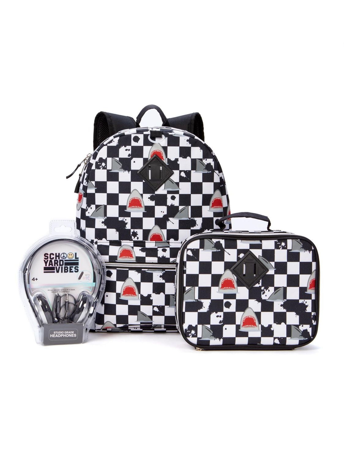 Schoolyard Vibes 3pc Backpack Set, CHECKERD SHARK SET