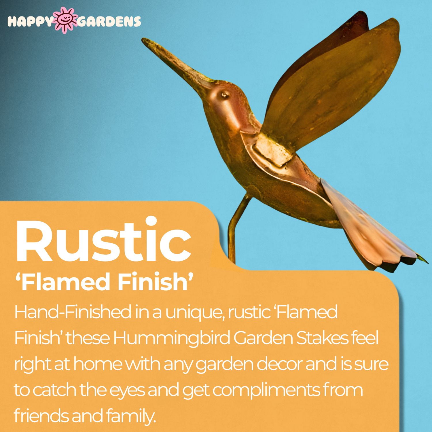 Happy Gardens Metal Hummingbird Decorative Stake (30” Tall - Flamed Finish)  Large Outdoor Yard Art, and Outside Decor