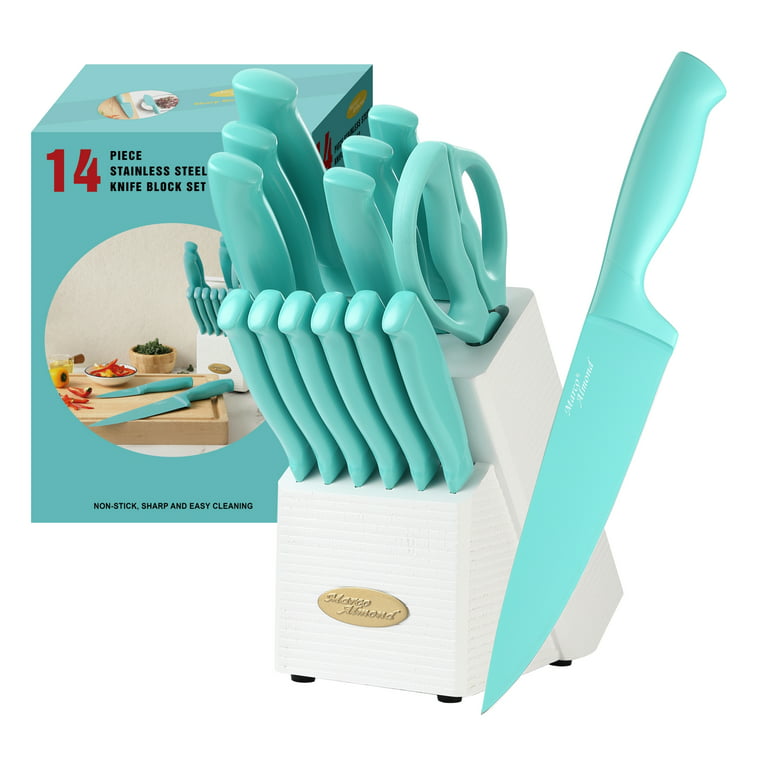 Marco Almond 14-Pieces Kitchen Knife Set with Block, Teal Sharp Chef Knives with White Wood Block, Stainless Steel,Dishwasher Safe, Blue