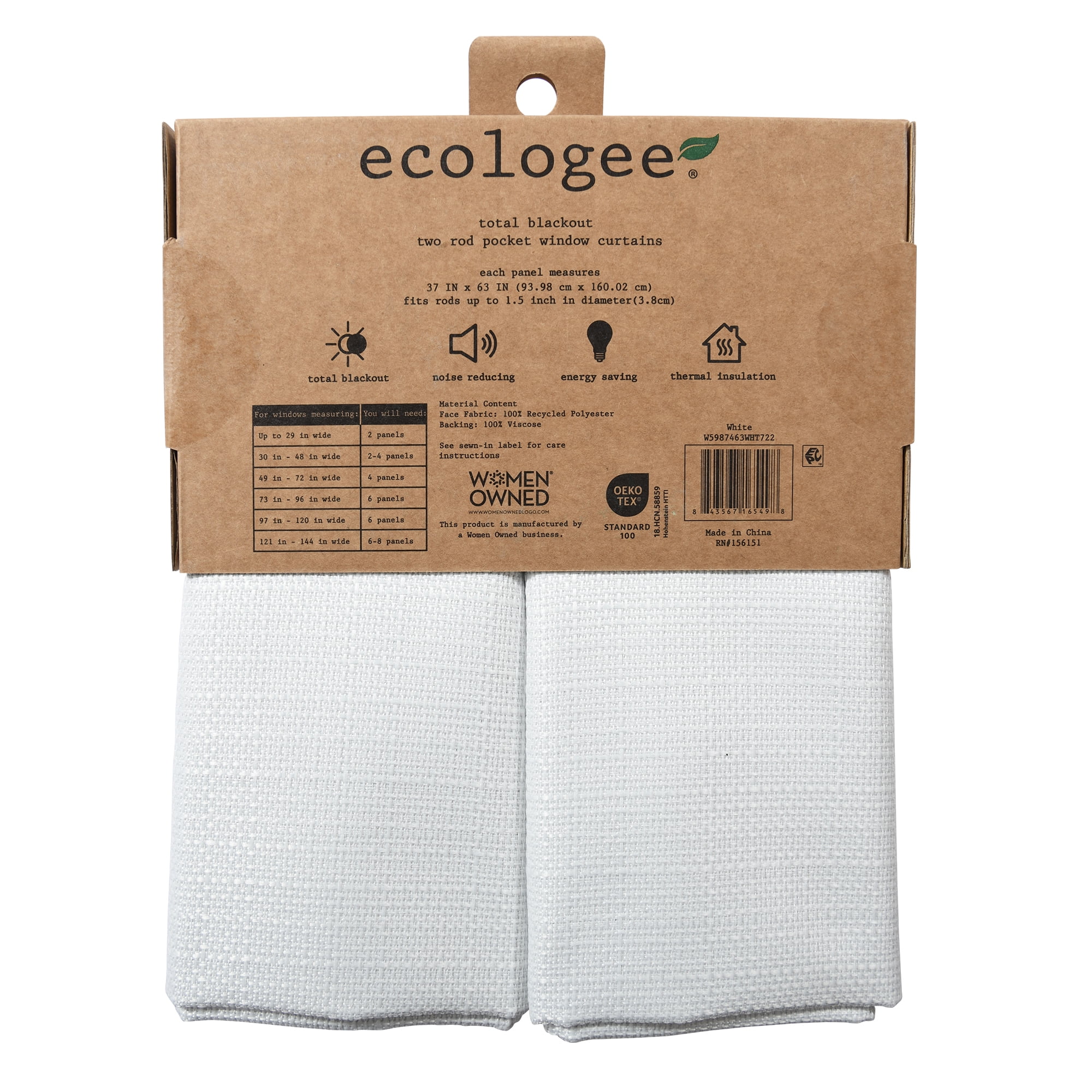 Ecologee Wakefield Textured 100% Blackout Rod Pocket Indoor Curtain Panel Pair, White, 37" W x 63" L