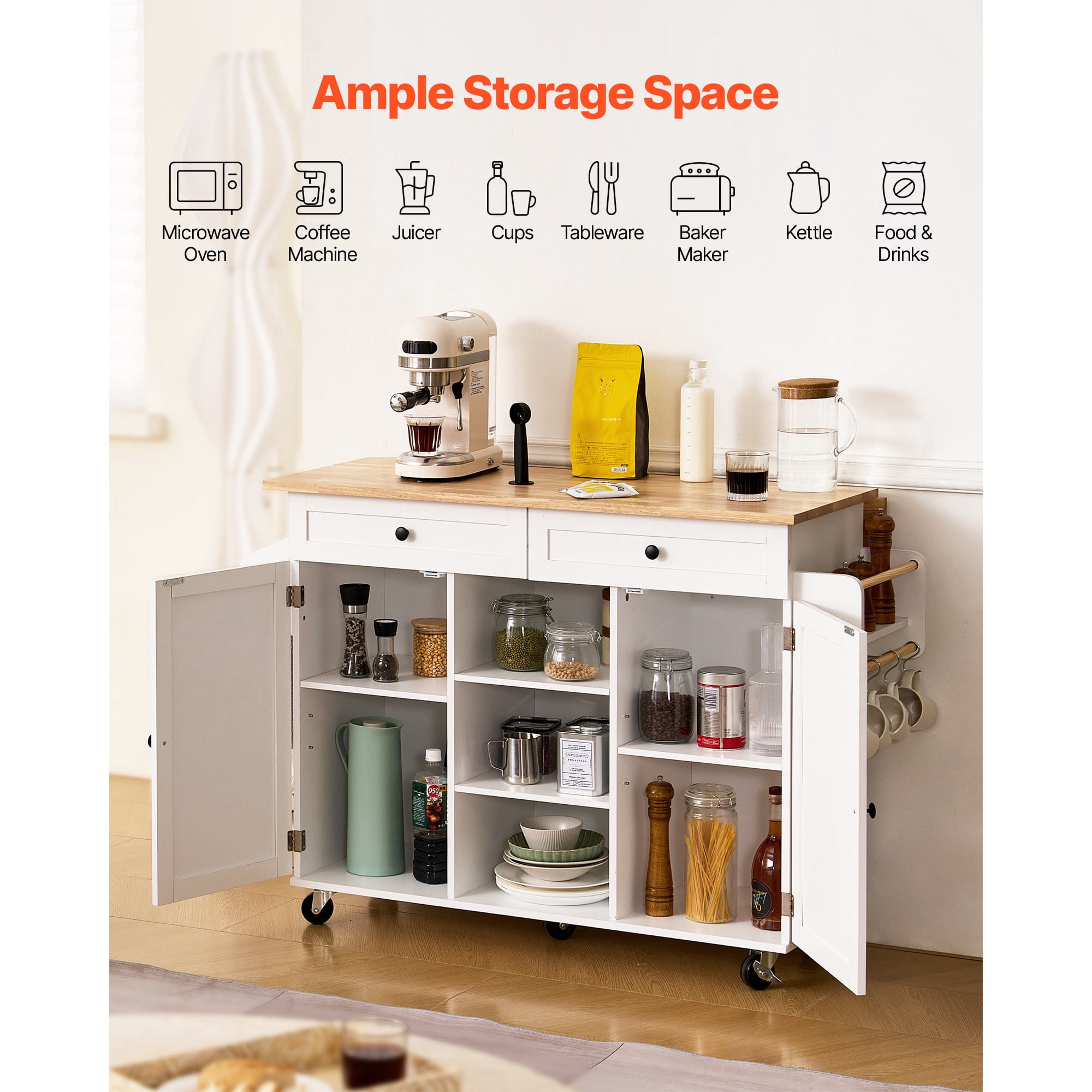 KFFKFF Kitchen Island Cart with Wood Top, Storage Cabinet, Drop Leaf, Drawers, Spice and Towel Rack, Rolling Table on Swivel Wheels, 52in Wide, White