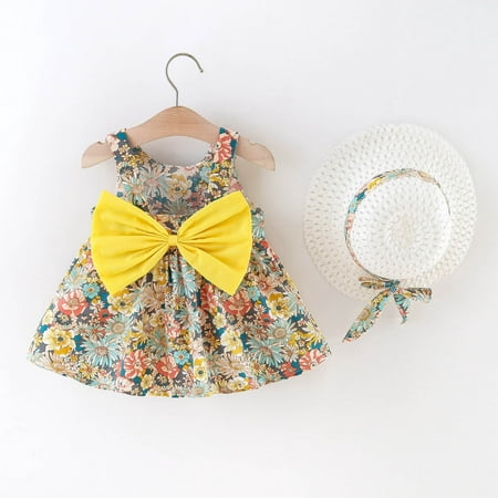 

B91xZ Summer Dresses Set Dress Bowknot Sleeveless Floral Suspenders Girls Baby Hat Printed 6M-3Y Princess Girls Dresses Yellow Size 18-24 Months