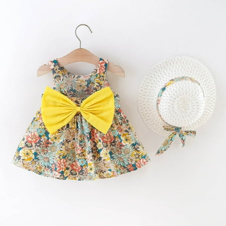 

kpoplk Girls Dresses Princess Set Suspenders Baby 6M-3Y Dress Sleeveless Floral Printed Bowknot Girls Baby Girl Dresses(Yellow)