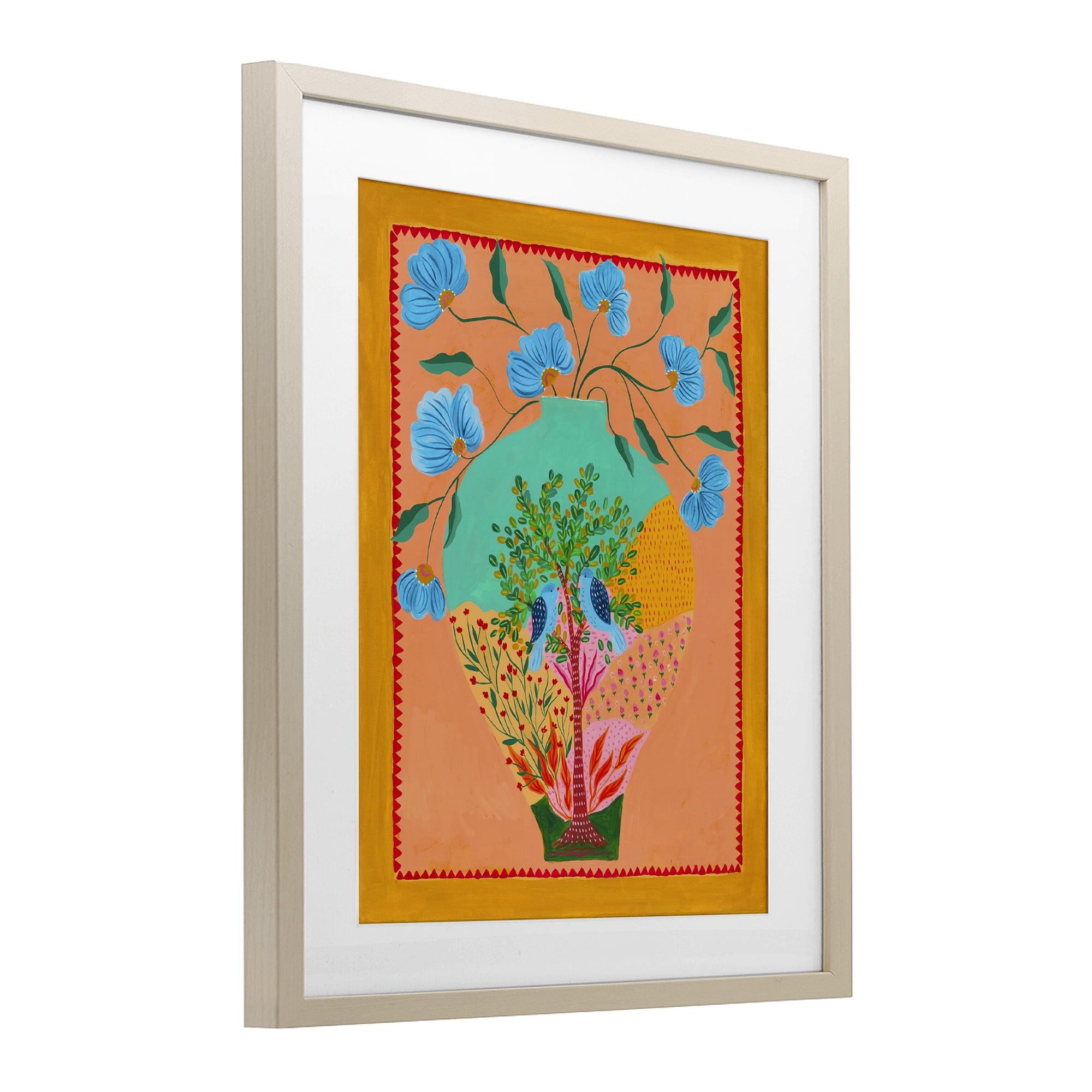 Bluebirds & Boho Flower Vase Birch Framed Print Under Glass, design by Nabeela Rumi