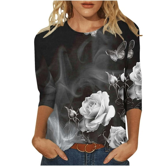successthop Floral Blouses for Women Plus Size 3/4 Sleeve Tops Oversized Crewneck Casual Shirts Floral Clothes