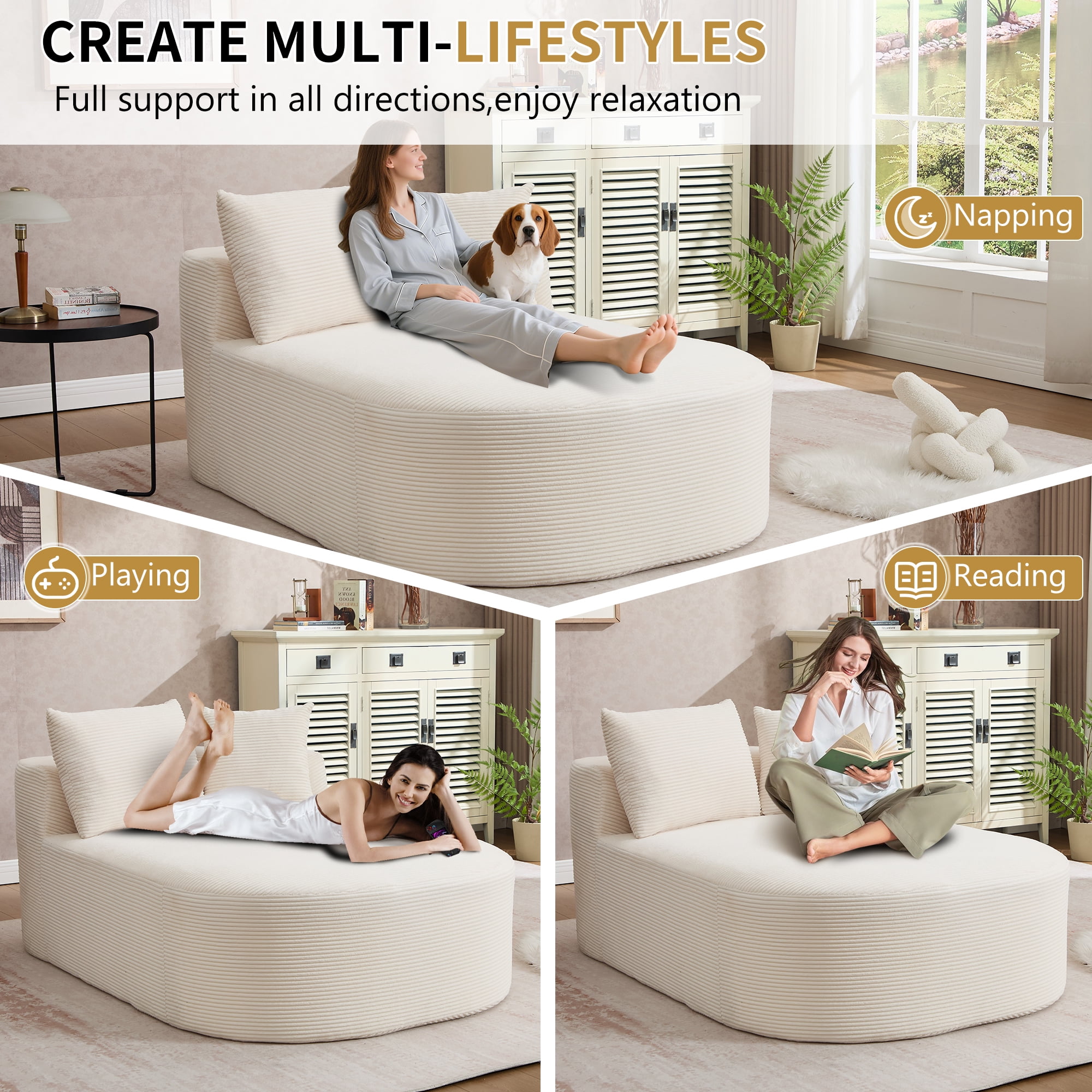 Gewnee Oversized 56.7-inch Deep Seat Corduroy Sofa Bed, No Assembly Required, Perfect for Living Room and Lounge，Beige