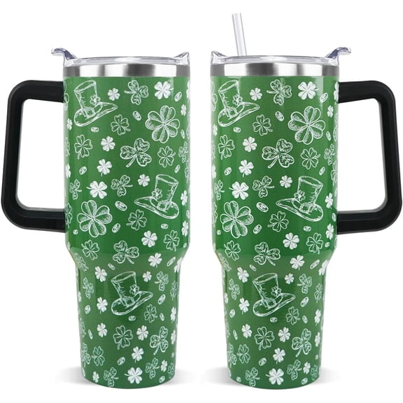 St. Patricks Day Tumbler 40 oz Shamrock Tumbler Coffee Mugs Leak Proof Cups with Handle and Straw Stainless Steel Insulated Water Bottle for Irish Saint Patricks Decor Gifts(1PCS)