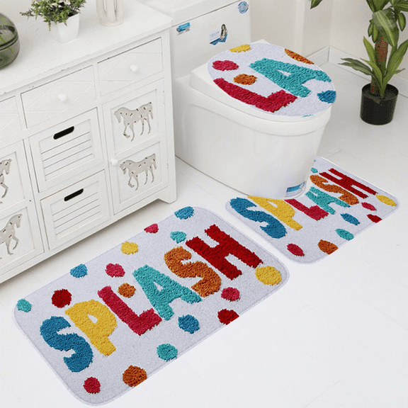"SPLASH" Colorful 3-Piece Bath Rug Set, Non-Slip Polyester Bathroom Mats, Super Absorbent & Machine Washable Kids Bath Mats for Tub, Shower, Sink