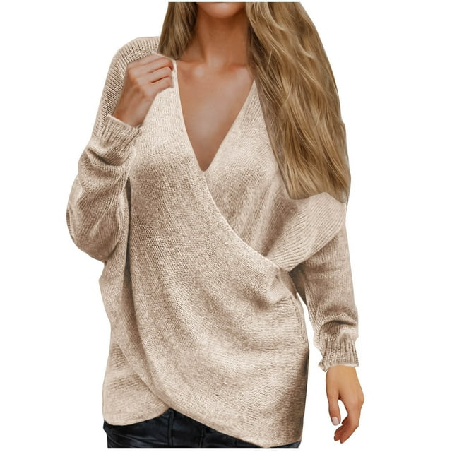 cfhntfmh Womens V-Neck Wrap Sweaters Long Sleeve Front Cross Loose Knitted Pullover 2024 Fall Winter Clothes