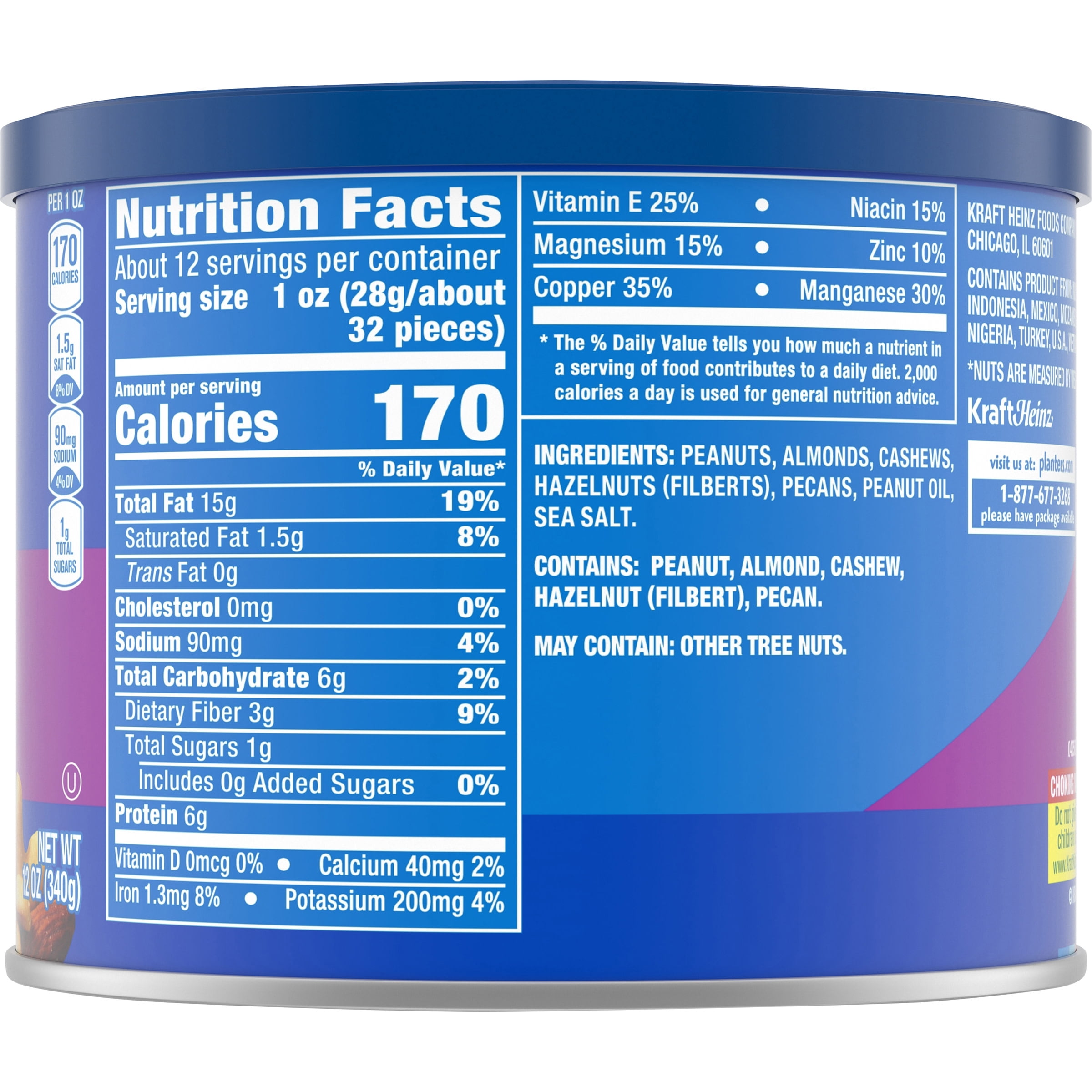 Planters Mixed Nuts Less Than 50% Peanuts with Peanuts, Almonds, Cashews, Hazelnuts & Pecans, 12 oz Canister