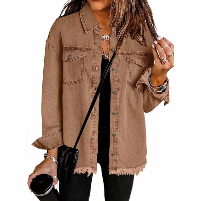Chaquetas y abrigos de mezclilla sin capucha de manga larga para mujer, blusa lisa de moda, abrigo de manga larga con bolsillos, cárdigan, blusa de poliéster para mujer