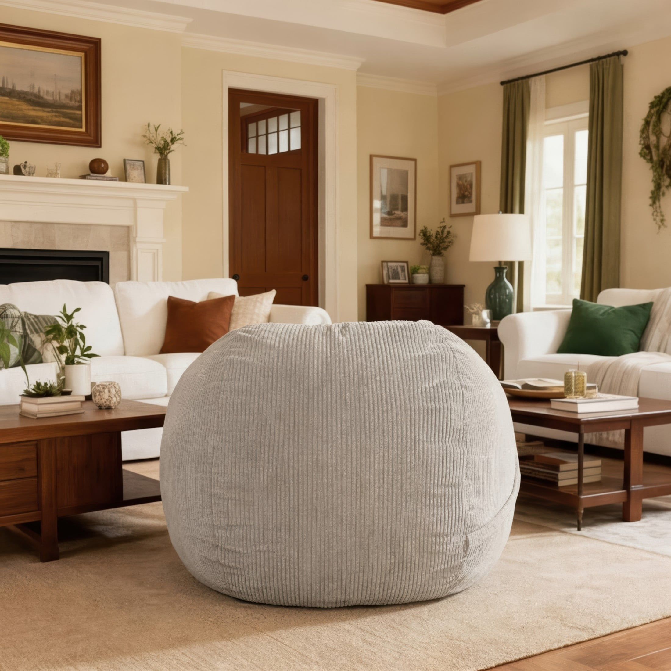 Luna 5 Foot X-Large Bean Bag Chair – Oversized Foam Lounger for Adults & Kids, Plush Corded Faux Fur, Taupe