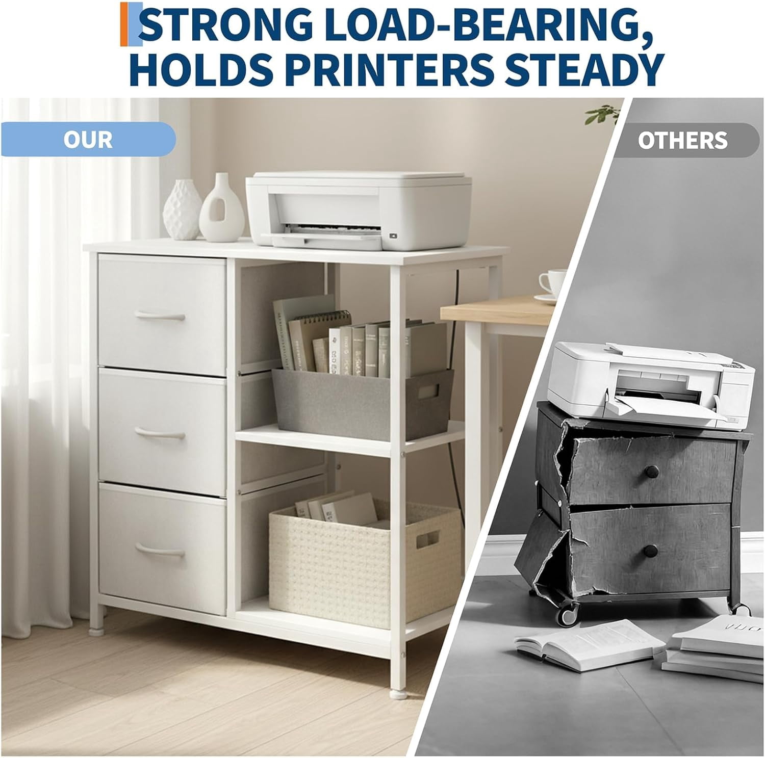 Multifunctional 3 Fabric File Cabinet with Open Storage Shelf – Printer Stand & Bedside Table – Sturdy Steel Frame – Home Office Organizer – White