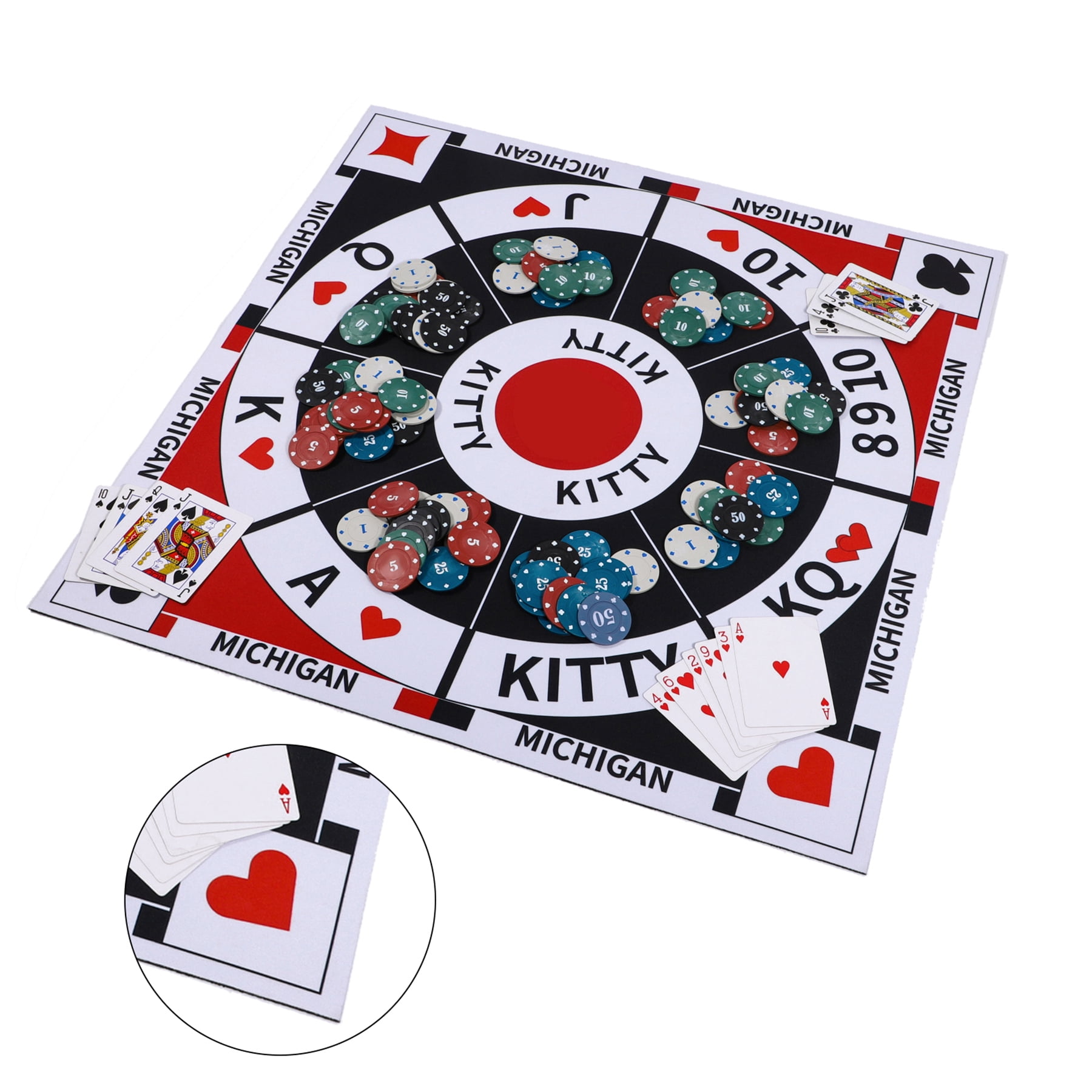 Grhonior Michigan Rummy Board Game Set Tripoley Felt Mat Foldable Original Combination of Joker Rummy Hearts and Poker Includes 2 Decks of Cards and 200 Numbered Poker Chips